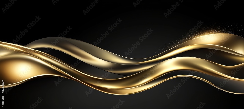 Abstract Golden Wave on Black Background, Luxury Metallic Shape, Elegant Flowing Lines Abstract Golden Wave on Black Background, Luxury Metallic Shape, Elegant Flowing Lines