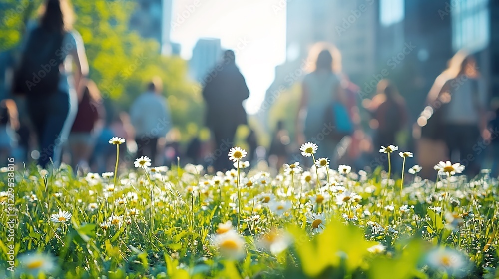 Fototapeta premium A blurred background of people walking in the city, with green grass and white flowers in focus. 