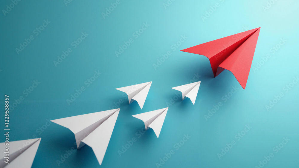 A vibrant red paper plane leading a flock of white planes against a gradient blue background, symbolizing leadership, innovation, and competition, ideal for marketing, presentations, and educational A vibrant red paper plane leading a flock of white planes against a gradient blue background, symbolizing leadership, innovation, and competition, ideal for marketing, presentations, and educational