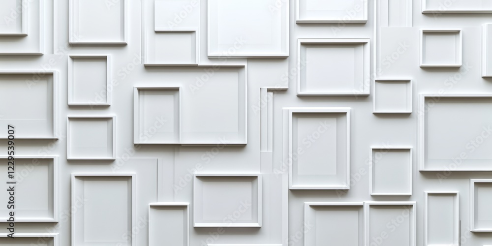 A collection of white picture frames arranged on a wall, forming a minimalist geometric pattern ideal for modern interior design. A collection of white picture frames arranged on a wall, forming a minimalist geometric pattern ideal for modern interior design.