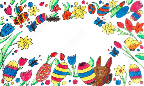 Easter Border - Easter Eggs - Bunny - Hedgehog - Butterfly - Flowers