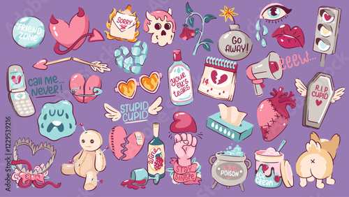 Anti Valentine's day elements set. Hand drawn non romantic symbols. Wine, envelope, bomb, arrow, calendar, devil, dog, potion, crying face emoji, trap, cry tissues etc. Alternative Valentine day icons