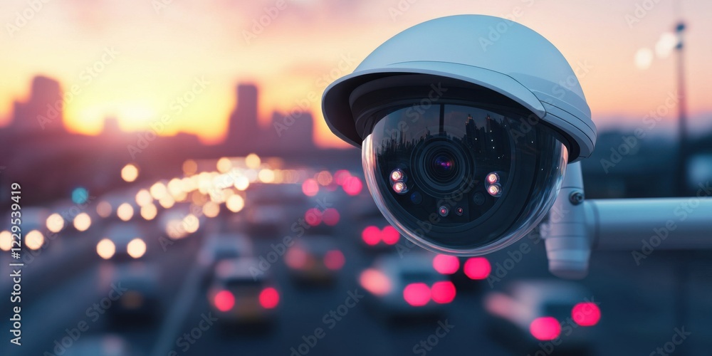 Surveillance camera capturing traffic flow at sunset urban environment photography perspective safety concept
