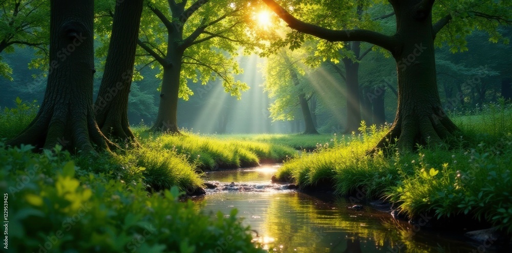 Naklejka premium The sound of a stream echoes from beneath the trees, tall trees, hampshire