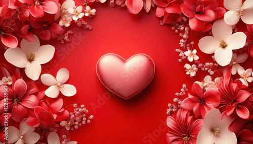 Romantic Red Heart with Delicate White and Red Blossoms