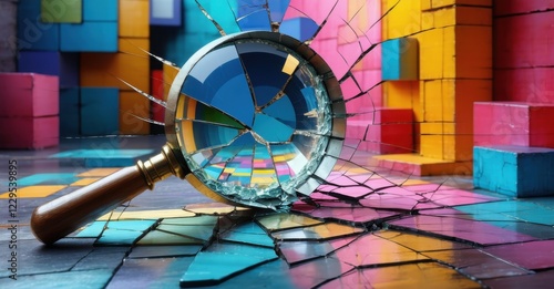 Cracked magnifying glass distorting everything, symbolizing deception, misperception, broken focus, flawed perspective, illusion, misinformation, uncertainty, instability, distortion photo