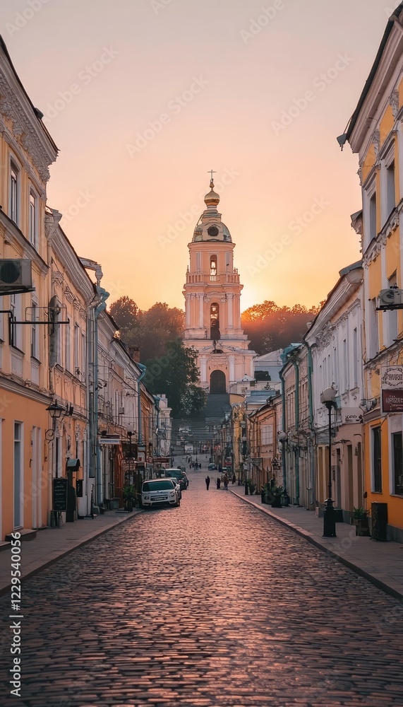 Naklejka premium Historic Center of Kyiv With Saint Sophia Cathedral Bell Tower, Summer Sunrise Over Cityscape