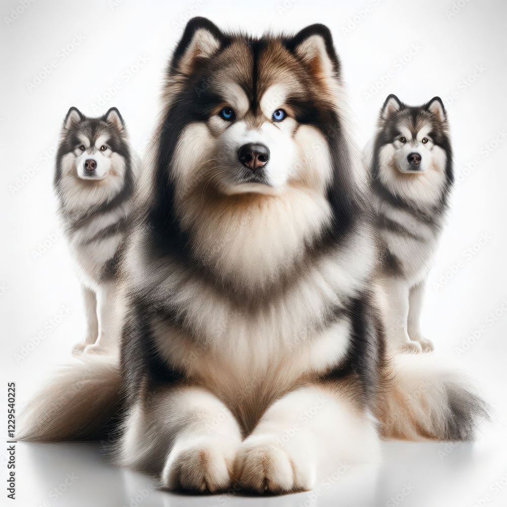 Obraz premium Three stunning huskies pose gracefully, their luxurious fur glistening under gentle light. The setting highlights their unique features, inviting admiration and wonder