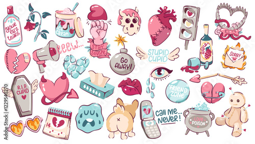 Anti Valentine's day elements set. Wine, envelope, bomb, arrow, calendar, red rose, dog, potion, hate letter, trap, cry tissues etc. Hand drawn non romantic symbols. Alternative Valentine day icons.