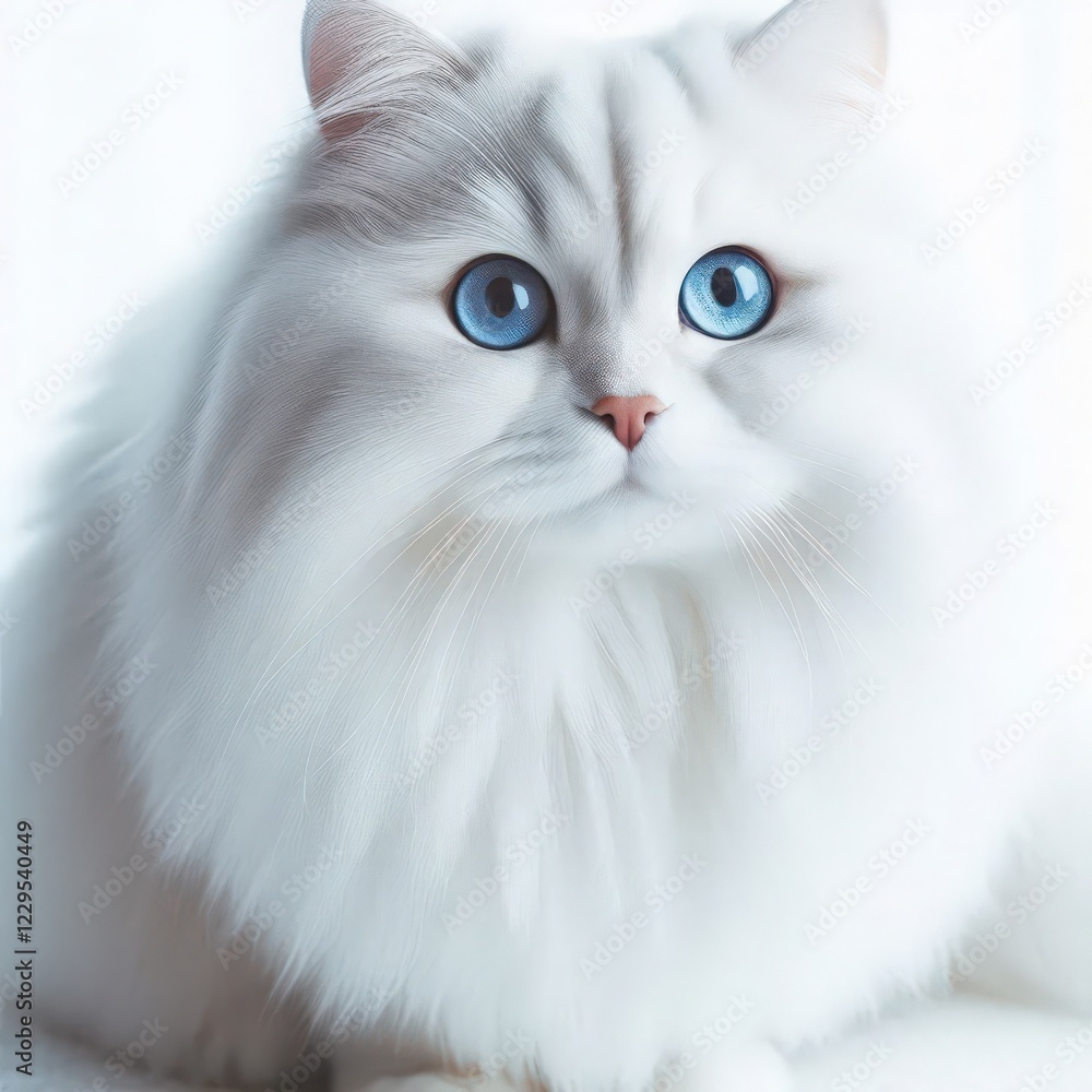 A beautiful white cat with fluffy fur and bright blue eyes sits attentively in a sunlit room, its gaze conveying a mix of curiosity and calm, creating an aura of tranquility A beautiful white cat with fluffy fur and bright blue eyes sits attentively in a sunlit room, its gaze conveying a mix of curiosity and calm, creating an aura of tranquility