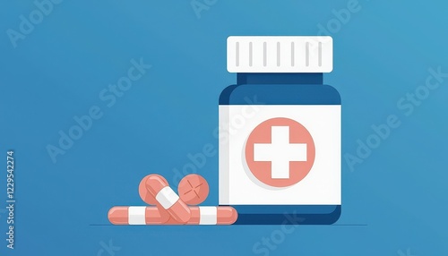 Simple Illustration: Bottle of Pills with White Cap, Red Cross, and Two Plain-Spelled Tablets photo