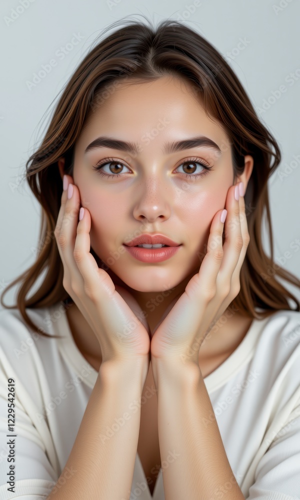 Beautiful Young Woman with Clear Skin Brown Hair and Eyes Hands on Face Portrait Beautiful Young Woman with Clear Skin Brown Hair and Eyes Hands on Face Portrait