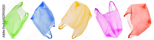  plastic waste pollution: five colorful disposable plastic bags , isolated in various views, banner