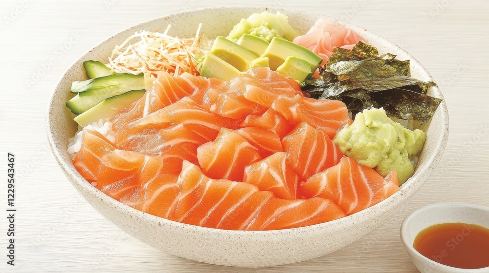 Delicious Salmon Poke Bowl with Avocado, Rice, and Ginger in Rustic Bowls Delicious Salmon Poke Bowl with Avocado, Rice, and Ginger in Rustic Bowls