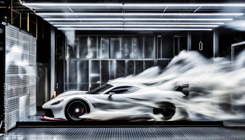 White Sports Car Undergoes Aerodynamic Testing in Wind Tunnel, Smoke Visualizing Airflow