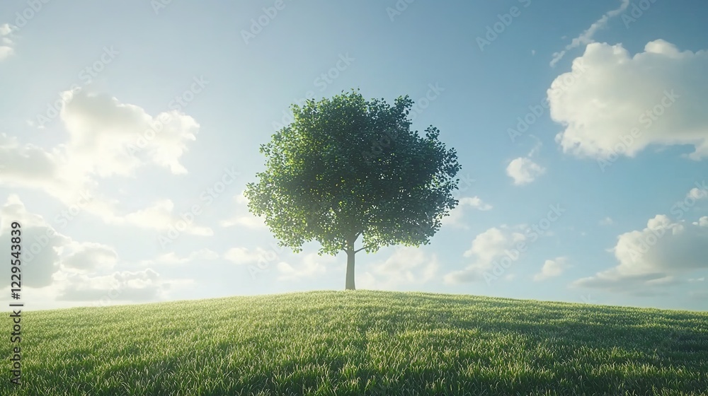 Obraz premium A single tree standing tall in the middle of an open field under a blue sky, with green grass and sunlight filtering through its leaves