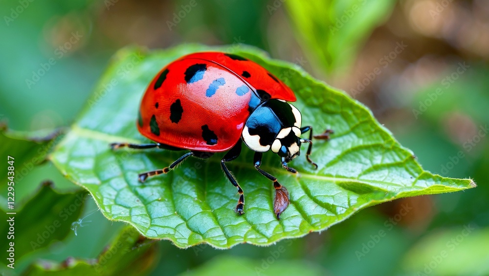 Vibrant red ladybug resting on lush green leaf Vibrant red ladybug resting on lush green leaf
