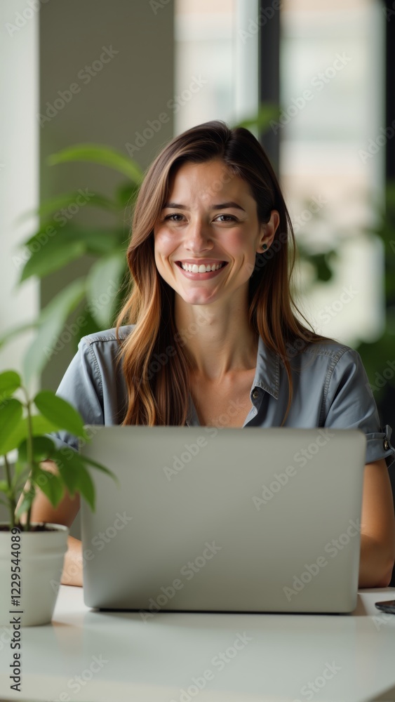 Smiling woman working at a wooden desk in a bright office space with plants around Smiling woman working at a wooden desk in a bright office space with plants around