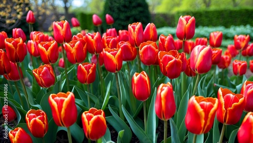 Vibrant red tulips blooming in a lush garden