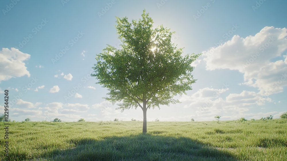 Obraz premium A single tree standing tall in the middle of an open field under a blue sky, with green grass and sunlight filtering through its leaves