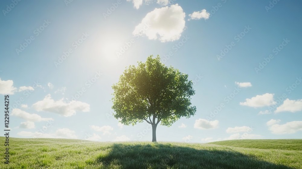 Obraz premium A single tree standing tall in the middle of an open field under a blue sky, with green grass and sunlight filtering through its leaves