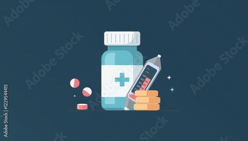 Blue Bottle Plus Sign Medical Illustration: Syrin and Pills Combo photo