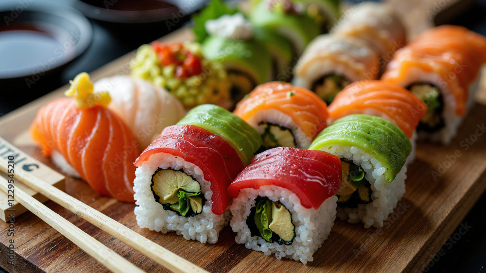 Vibrant Maki Sushi Platter on Wooden Board with Garnishes, Perfect for Culinary Magazines, Restaurant Menus, and Food Blogs Vibrant Maki Sushi Platter on Wooden Board with Garnishes, Perfect for Culinary Magazines, Restaurant Menus, and Food Blogs