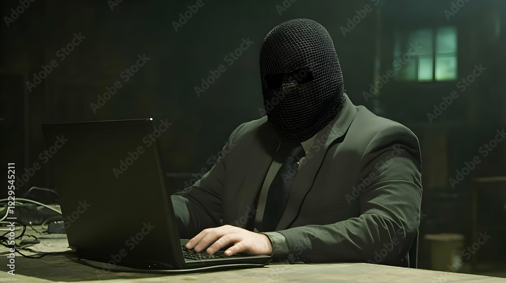 Masked Figure in Suit Stealthily Operates Laptop in Darkened Room, Engaging in Suspicious Activity Under Cover of Secrecy. Masked Figure in Suit Stealthily Operates Laptop in Darkened Room, Engaging in Suspicious Activity Under Cover of Secrecy.