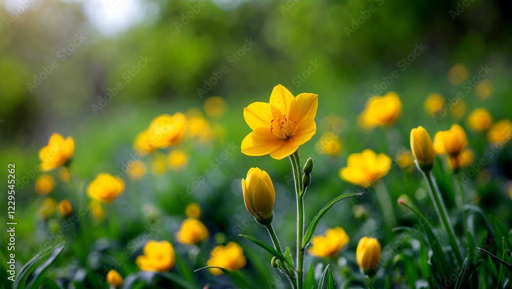 Fototapeta premium Vibrant yellow flower in lush spring landscape