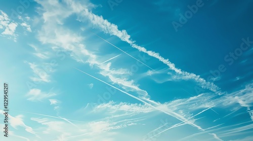 Blue sky with white contrails from airplanes. photo