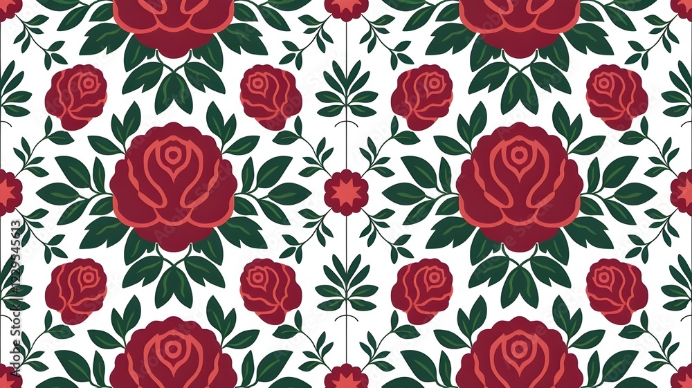 illustration of large red roses with green leaves floral pattern white background illustration of large red roses with green leaves floral pattern white background