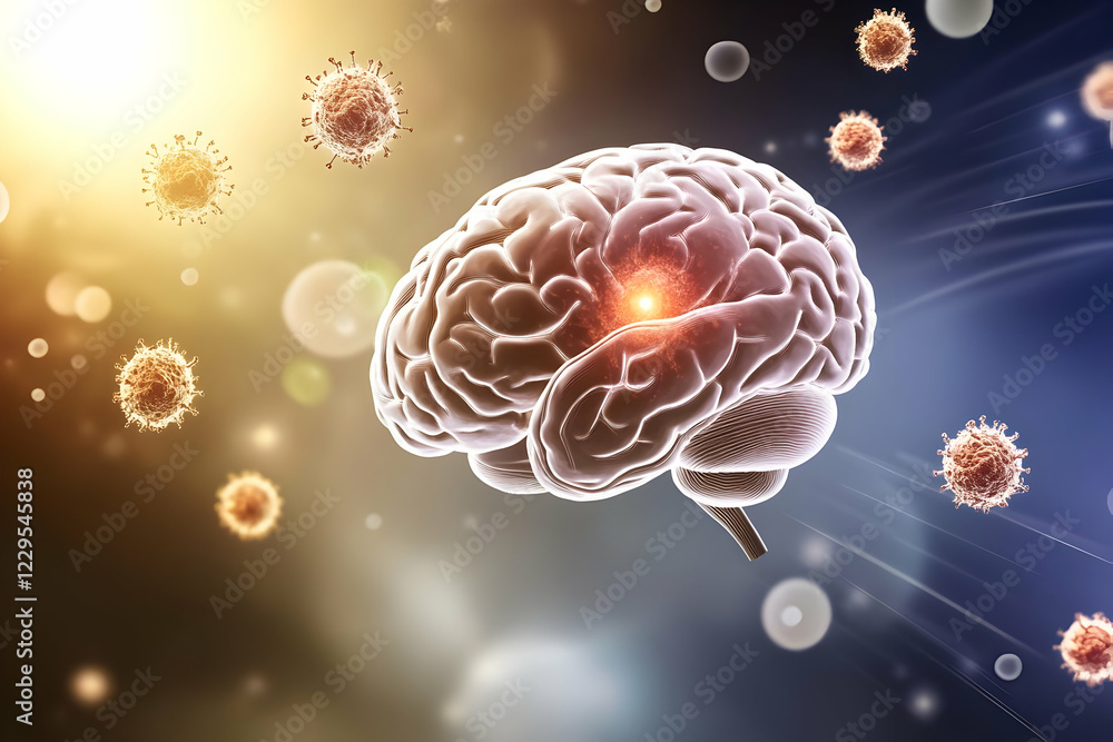 3D Illustration: Viruses Attacking a Human Brain, Highlighting Infection and Neurological Impact 3D Illustration: Viruses Attacking a Human Brain, Highlighting Infection and Neurological Impact