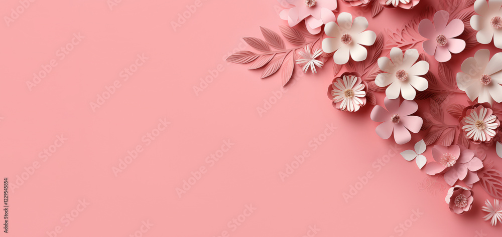 Fototapeta premium Handcrafted paper flowers and leaves in soft shades of pink and white, placed against smooth pastel pink background. Banner with copy space for weddings, romance, feminine, artistic decorations