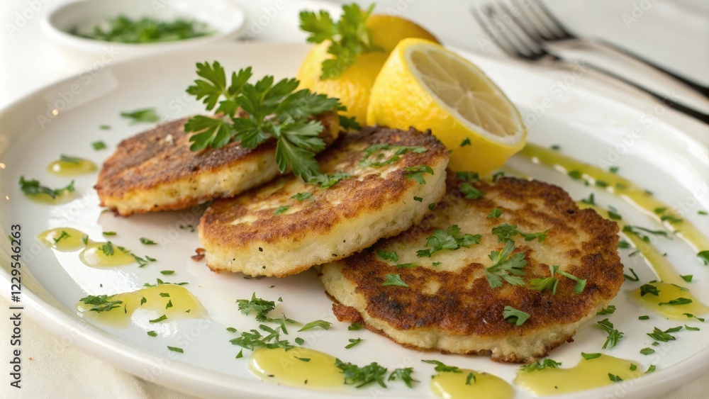Pan-Seared Potato Pancakes with Fresh Parsley and Lemon Juice, lemon juice, close-up shot, savory dish, parsley Pan-Seared Potato Pancakes with Fresh Parsley and Lemon Juice, lemon juice, close-up shot, savory dish, parsley