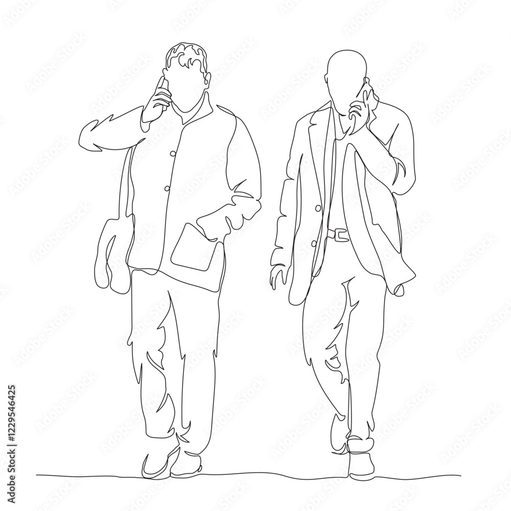 Obraz premium 2 busissmen walking and talking on the phones. Addiction. Continuous line drawing. Black and white vector illustration in line art style.