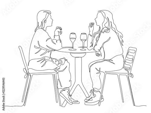 2 women talking at street cafe table with 2 glasses of wine. Side view. Continuous line drawing. Black and white vector in line art style.