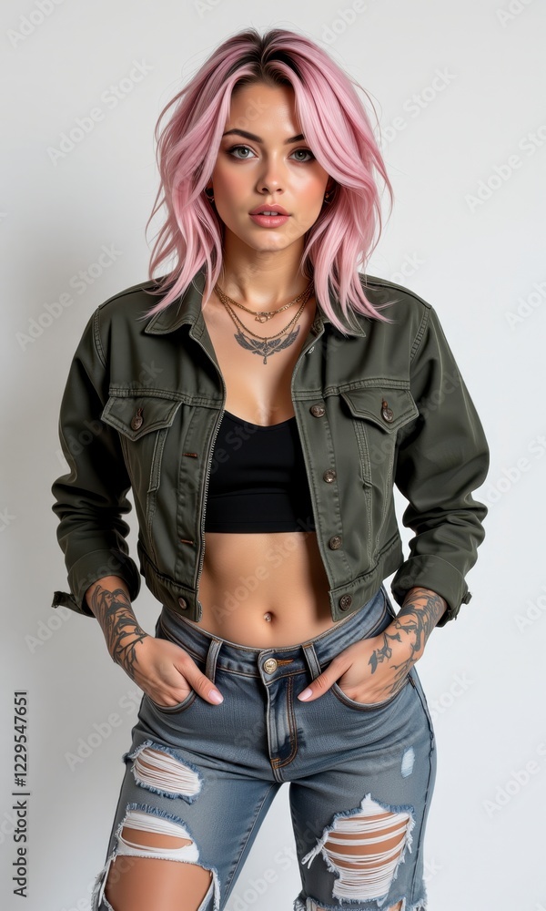 Stylish Young Woman with Pink Hair in Olive Green Jacket and Ripped Jeans Stylish Young Woman with Pink Hair in Olive Green Jacket and Ripped Jeans