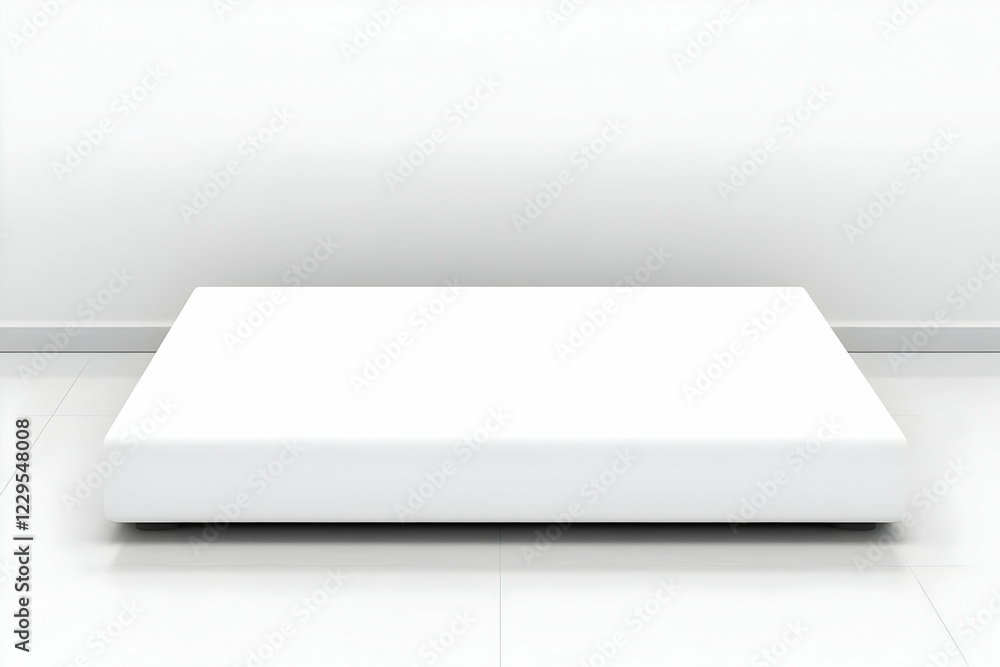 White Platform Display in Empty Room with Tiled Floor and Plain Wall Background. White Platform Display in Empty Room with Tiled Floor and Plain Wall Background.