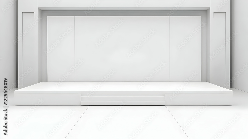 Fototapeta premium Empty White Stage with Backdrop in a Minimalist Room Setting for Presentations or Performances