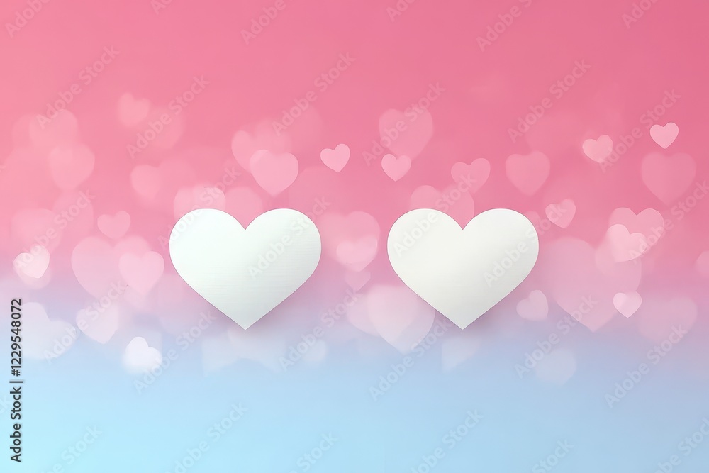 Two white hearts on a pink and blue gradient background with bokeh hearts Two white hearts on a pink and blue gradient background with bokeh hearts