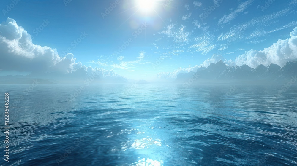 Fototapeta premium Serene ocean view under a bright sun, with distant mountains and soft clouds in the background