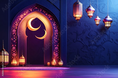 3D Islamic Holiday Banner Design Featuring a Beautiful Calligraphy and Decorations. photo