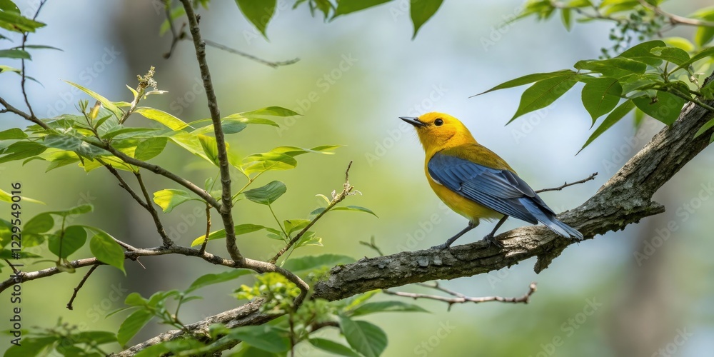 Fototapeta premium Prothonotary warbler perched on a tree branch, bird, tree