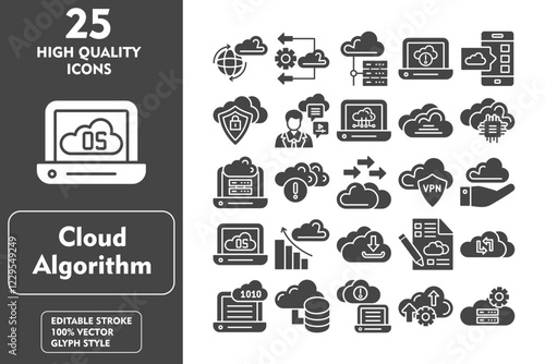 Cloud Algorithm glyph editable icon set. Containing worldwide, elastic, server, information, application, private, content, cloud computing and more. Vector illustration icons