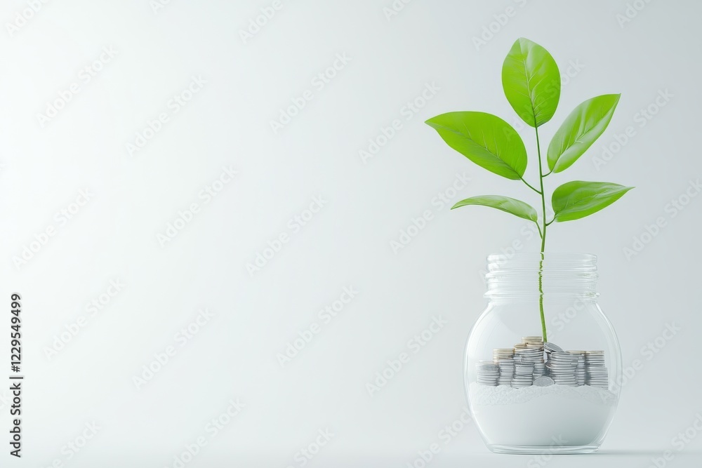 A small green plant emerges from a jar filled with coins, symbolizing growth, investment, and financial prosperity against a light background. A small green plant emerges from a jar filled with coins, symbolizing growth, investment, and financial prosperity against a light background.