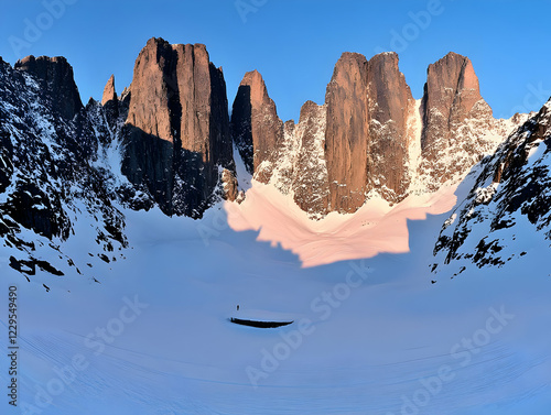 Jagged peaks rise above a s...