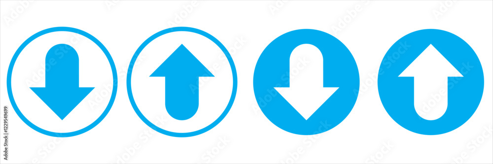 Up and down arrows. Upward, downward arrows in white, green, blue and red isolated, set of two. Vector illustration. EPS 10 Up and down arrows. Upward, downward arrows in white, green, blue and red isolated, set of two. Vector illustration. EPS 10