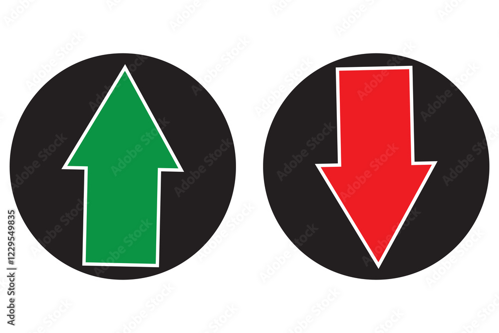 Up and down arrows. Upward, downward arrows in white, green, blue and red isolated, set of two. Vector illustration. EPS 10 Up and down arrows. Upward, downward arrows in white, green, blue and red isolated, set of two. Vector illustration. EPS 10