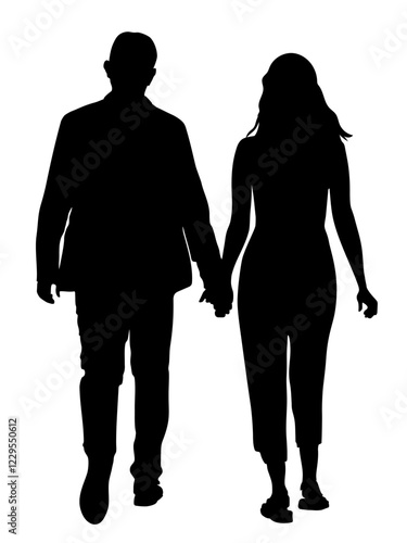 Silhouette of couple holding hands and waking away. Black view. Full length. Black and white vector illustration.