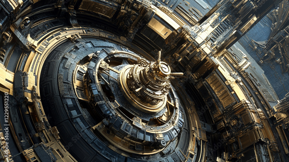 Intricate futuristic machinery with golden accents, showcasing advanced technology in a high-tech environment Intricate futuristic machinery with golden accents, showcasing advanced technology in a high-tech environment
